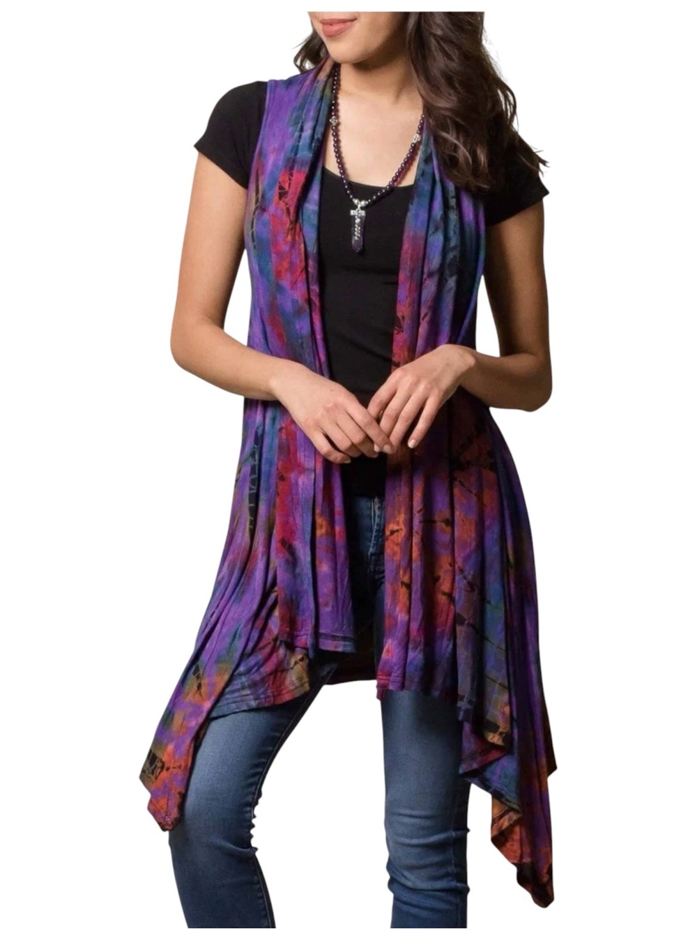 Sivana Tie Dye Bamboo Open Front Knit Waterfall Bohemian Vest - One Size